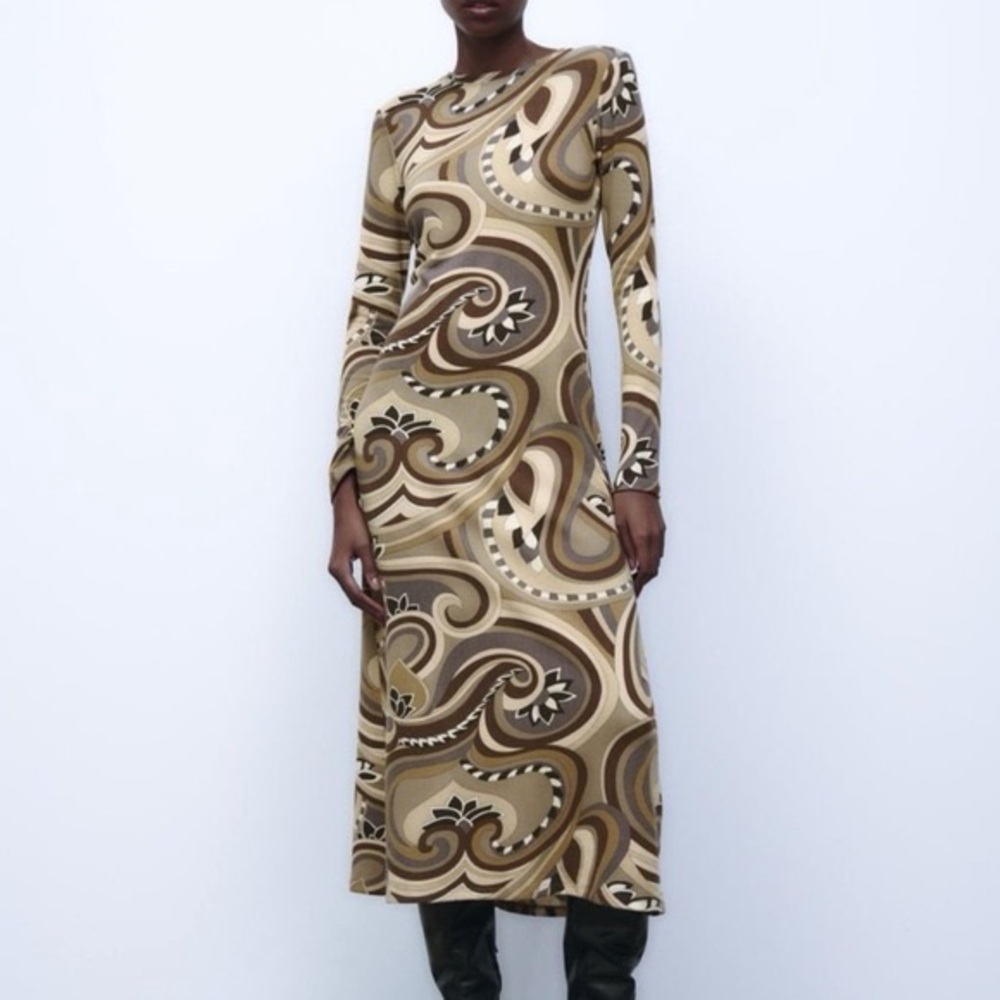 Zara Elegant Brown Patterned Long Sleeve Dress Medium